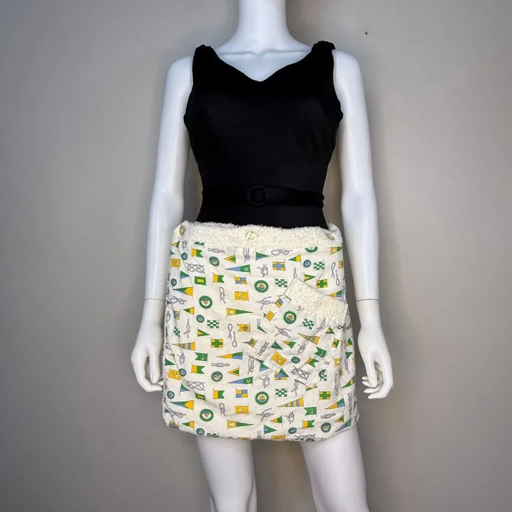 Vintage 1960s Pleetway Towel Lined Beach Kilt, Nautical Print, Swimsuit Cover Up